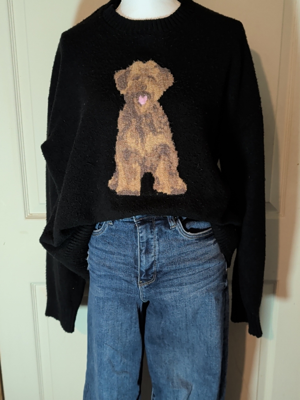No Boundaries Black Crewneck Sweater with Brown Puppy Motif